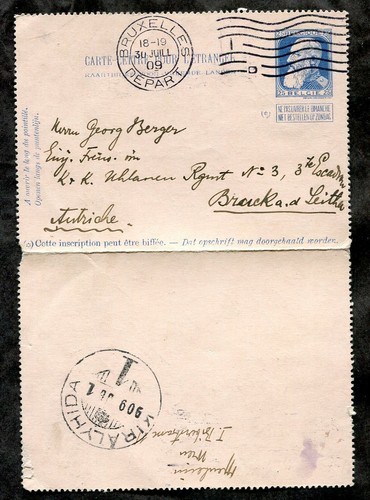 BELGIUM 1909 Letter Card to Soldier in Austria Bruck an der Leitha - 第 1/2 張圖片
