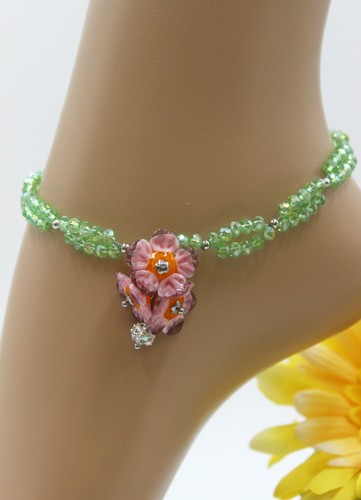 Fußkettchen Fußkette Blüten Kirschblüte Strass Perlen Lampwork Frühling #JA081 - Bild 3 von 6