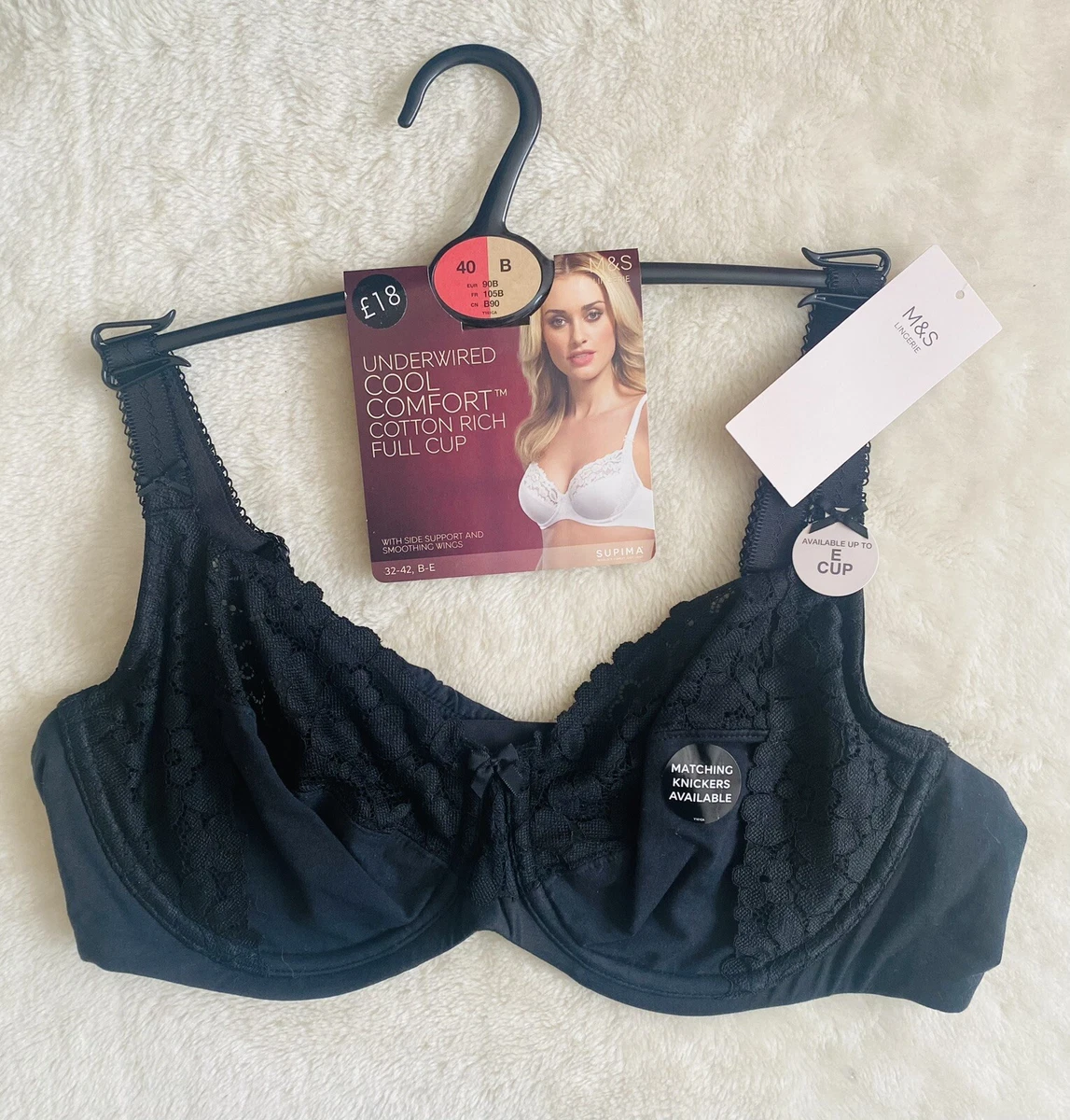 BNWT M&S Cool Comfort Black Underwired Supima Cotton Bra - Size 40B. RRP £18