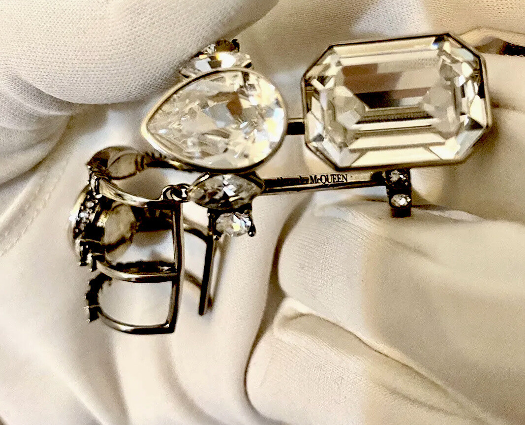 ALEXANDER MCQUEEN STACKED CRYSTAL RING SILVER BRASS 7.25 NIB