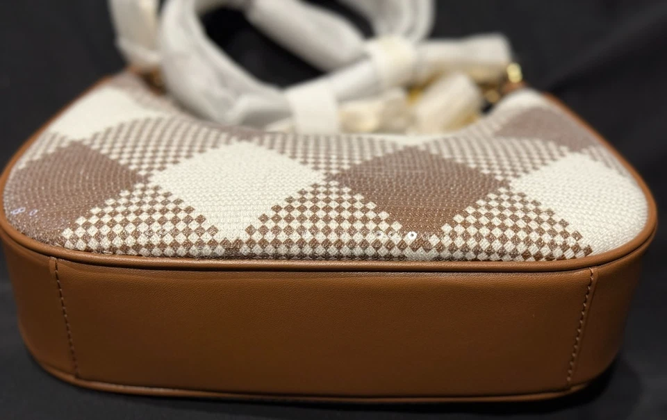 Michael Kors 棕色/白色方格帆布和皮革单肩包 全新带标签 — 第 4/4 张图片