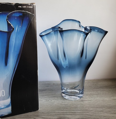 Schöne große blaue Taschentuch polnische Kunst Glas Vase Vintage mundgeblasen verpackt - Bild 1 von 17