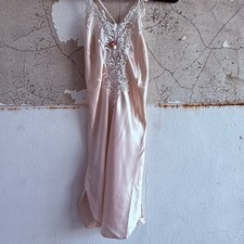 Vintage Lace Satin Slip Dress Pink Embroidered Floral Lingerie Size Medium USA