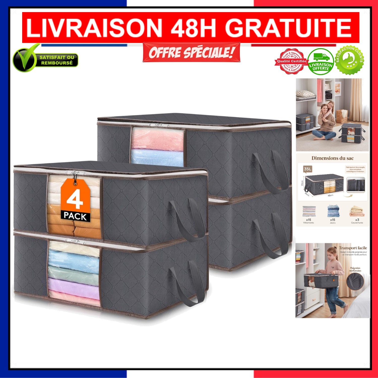 Sacs de rangement 35L pliables gris pour dressing et sous le lit