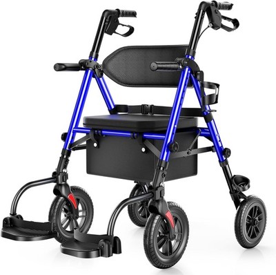 2 in 1 Rollator Wheelchairs Combo 10'' Big Wheels  Folding Rolling Walker, Blue