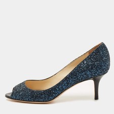 Jimmy Choo Isabel Size 36 Navy Blue Glitter and Leather Peep Toe Pumps
