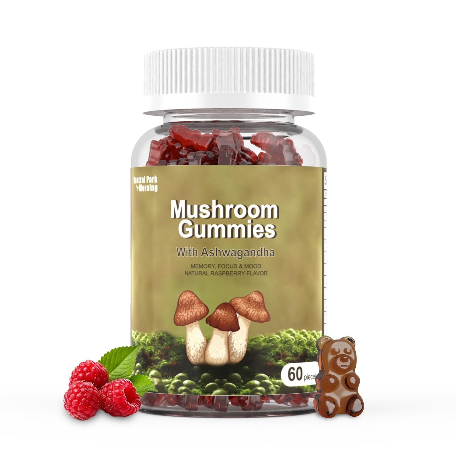 CENTRAL PARK MORNING Mushroom Gummies WITH ASHWAGANDHA 60 GUMMIES RASPBERRY 2026