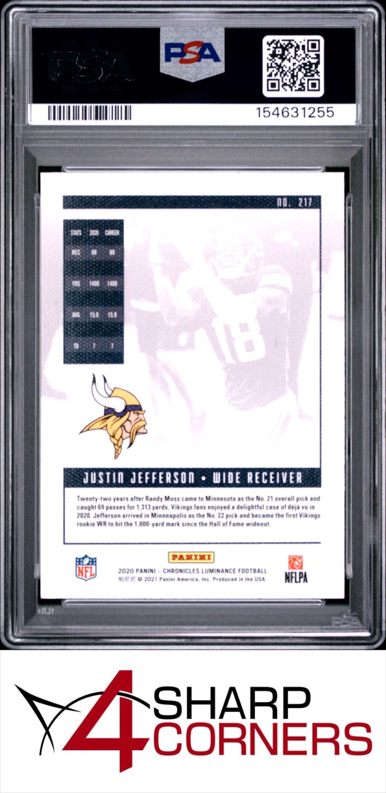 2020 PANINI CHRONICLES LUMINANCE #217 JUSTIN JEFFERSON RC PSA 10 view 2