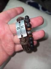 Men's Brown Leather and Black Beaded Bracelet with Cross Charm