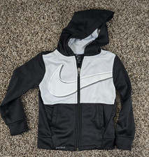 Nike Boys Sz XS Full Zip Up Athletic Hoodie Black White Big Swoosh