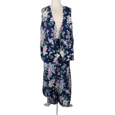 Vintage 80s Navy Blue Floral Vest and Midi Skirt Matching Set XXL