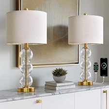 25" Glass Table Lamps Set of 2, Gold Modern Table Lamps with USB Ports for Li...