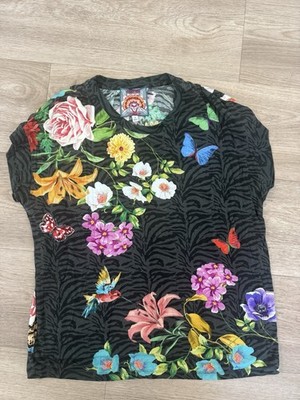 Johnny Was Blooming Breeze Short Sleeve Floral Tee Crew Neck Shirt Black Top Med