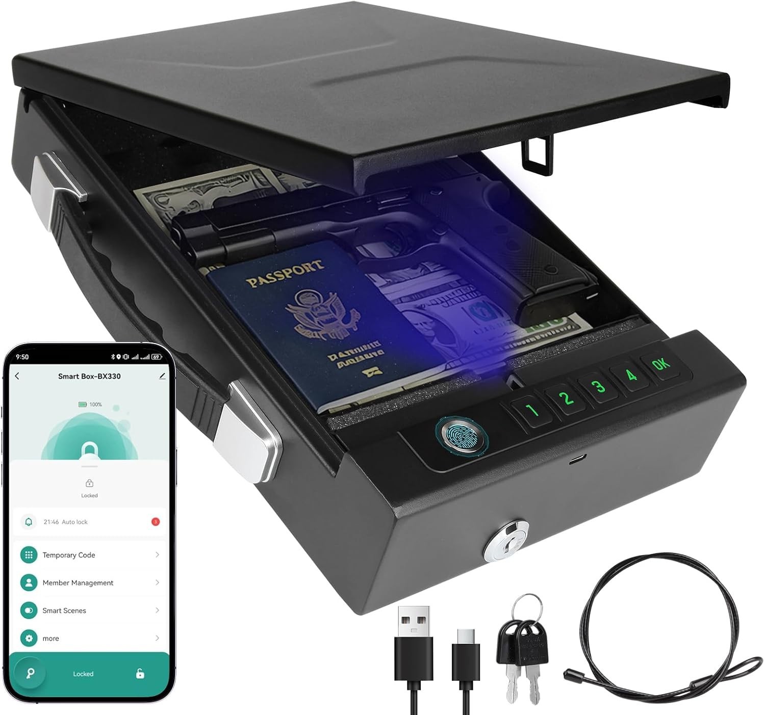 Fingerprint lock safe 4 ways unlock biometric portable steel security box