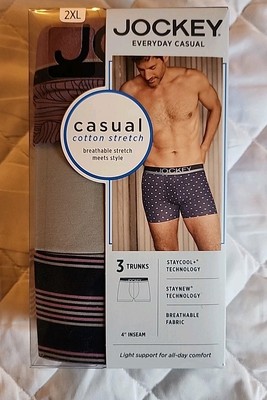 Jockey Men's Everyday Casual Cotton Stretch 2XL Trunks. 3 Pack. 44-46 Inch Waist