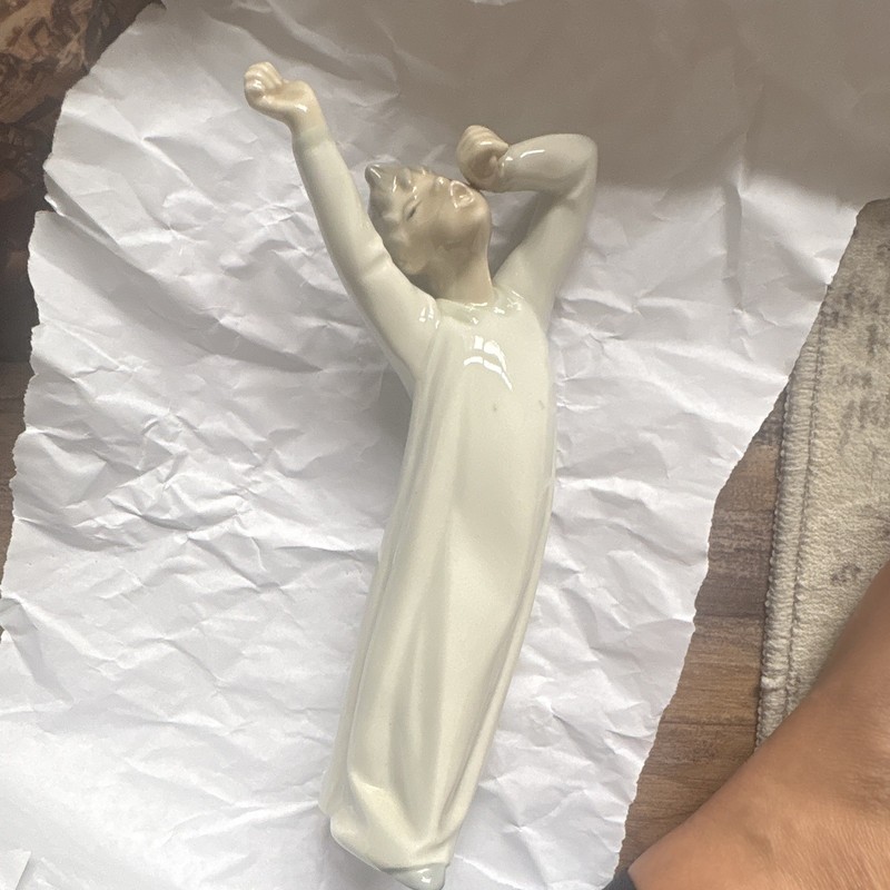 White Glossy Ceramic Woman Figurine Long Dress Arms Raised MPN H-5