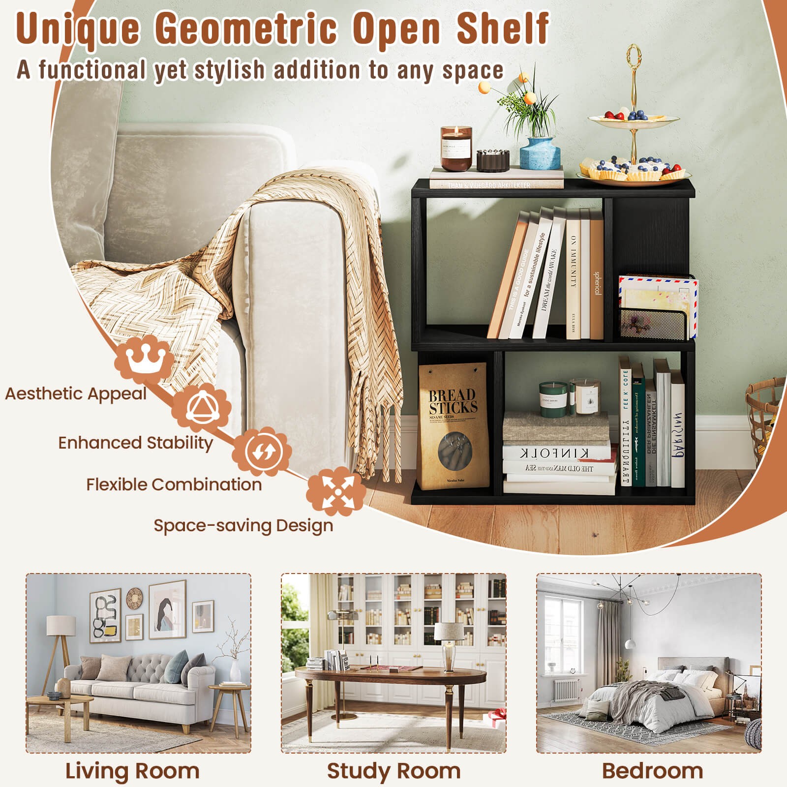 3-Tier Bookshelf Geometric Bookcase Side Table w/ Open Storage Display Shelf