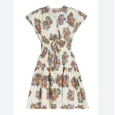Derek Lam 10 Crosby Ivory Multi Print Dress V Neck Mini Drawstring Waist Size 00