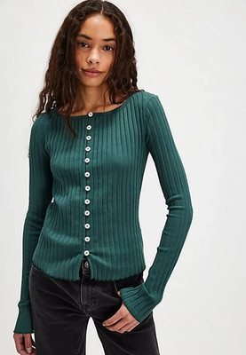 Free People Tilly Langarm Strickjacke/Top in Rainforest Green - SMALL - Neu mit Etikett