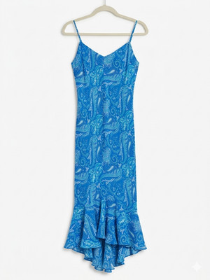 NK Collezione Blue Paisley Ruffle Hem Midi Dress Women's Size Medium Boho Chic