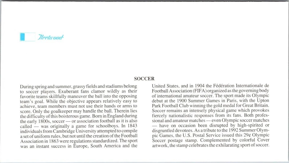 FDC 1992 SC #2639 Fleetwood Cachet, Soccer - Baltimore MD - J17450 - Image 2 of 2