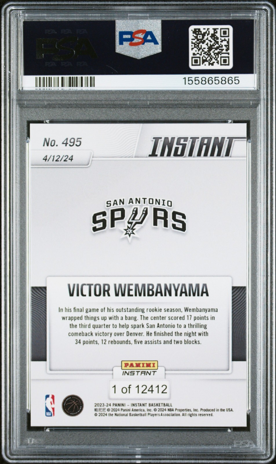 2023 PANINI INSTANT #495 VICTOR WEMBANYAMA ROOKIE RC PSA 9 view 2
