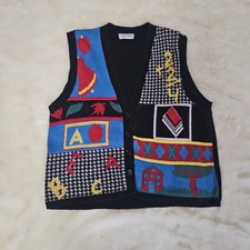 Vintage Cabin Creek Teacher Sweater Vest L Black Novelty School ABC 123 Knit