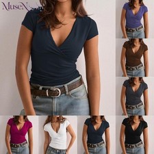 Casual Women's V-Neck Short Sleeve T-Shirt for Slim Fit Solid Pullover Top