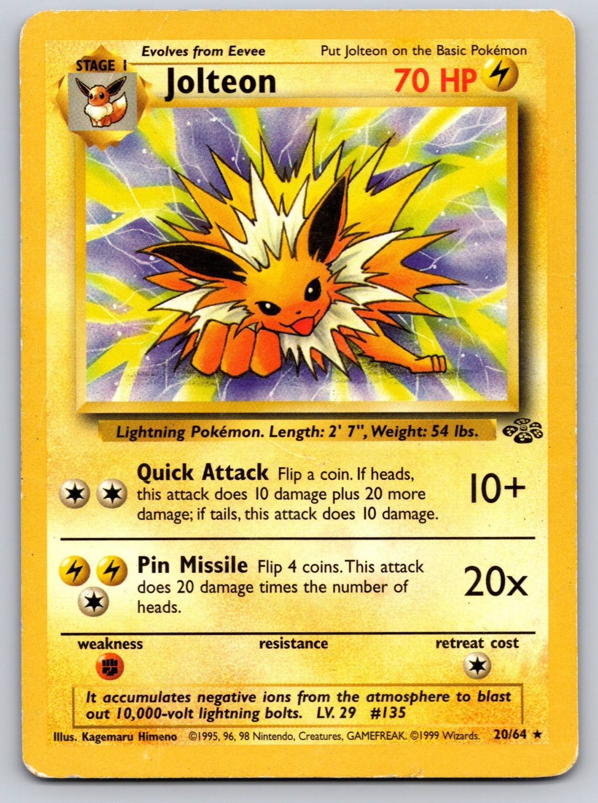 Jolteon (20) Unlimited Rare Jungle 20/64 HP Pokemon Card TCG