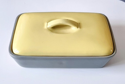 Seltene Denby Steingut Schüssel mit Deckel gelb/grau rechteckig MCM 27cm
