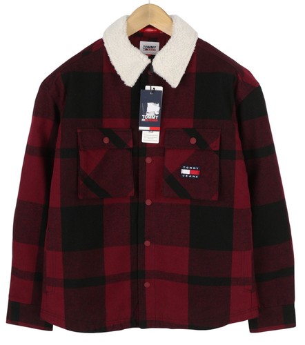 TOMMY HILFIGER Tjm Check Sherpa Men Jacket M Red Snap Buttons Overshirt RRP€170 - Picture 2 of 12
