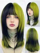 Synthetic Short Straight Green Black Layered Wig With Bangs Women Fluffy Cosplay