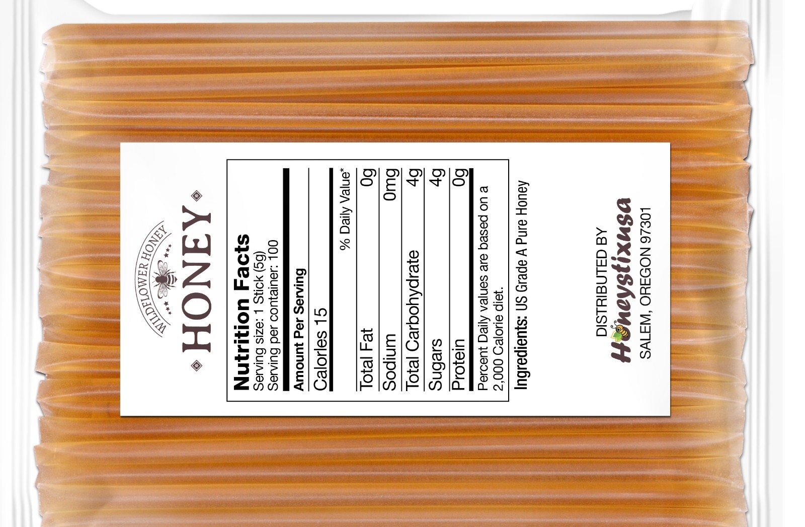 Honeystixusa Wildflower Pure Honey Sticks Pack of 100 for Tea, Coffee