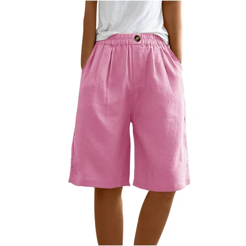 Pantalones cortos para mujer color liso bolsillo abotonado capris cintura elástica sueltos - Imagen 27 de 66