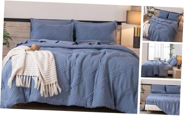 Queen Comforter Set 7 Pieces,Cationic Dyeing Bed Queen(90''x 90'') Bluish Grey