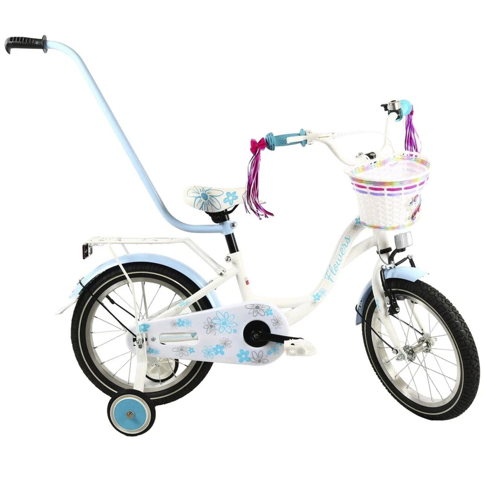 FLOWERS Kinderfahrrad 16" Mädchenfahrrad Kinder Rad Bike Spielrad - Weiß/Blau