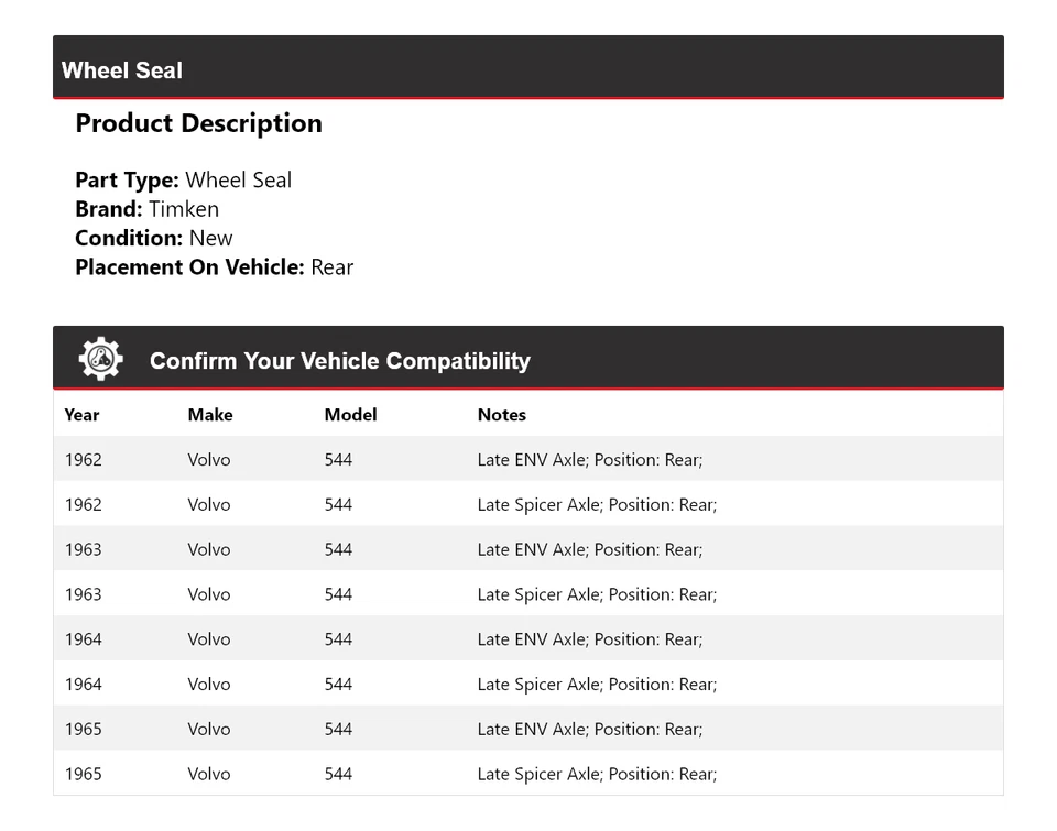 Sello de rueda trasero Timken 1963 1964 para Volvo 544 1962-1965 Foto 2 de 4