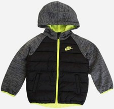 Nike Swoosh Puffer Hooded Coat / Jacket - Black Grey Volt Green - 6 Med - NWT