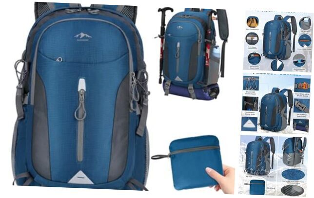 Hiking Backpack 40L Lightweight Packable Camping Backpack Waterproof Blue-image