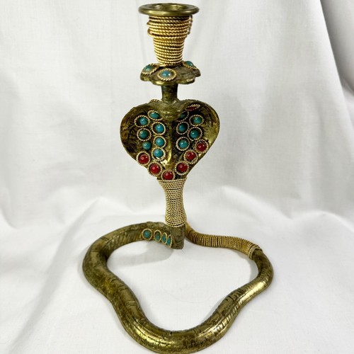 Vintage King Cobra Snake Brass Candlestick Holder Engraved 1960s Intricate