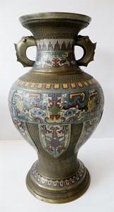 Monumental 19th Century Chinese Champleve Enamel and Bronze Floor Vase Cloisonne