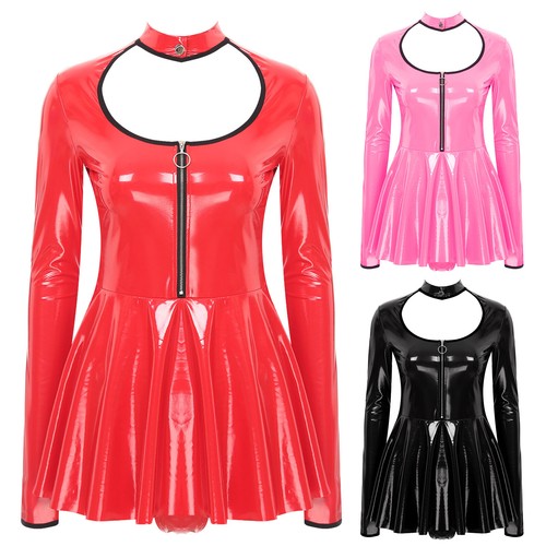 Womens Wet Look PVC Leather Mini Pleated Dress Skater Zipper Clubwear Dress - Picture 3 of 104