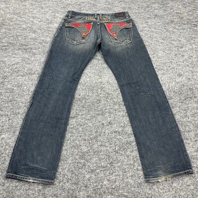 Robins Jean Mens 36 Blue Denim Boot Cut Flap Pockets Red Hair Pony Studded 