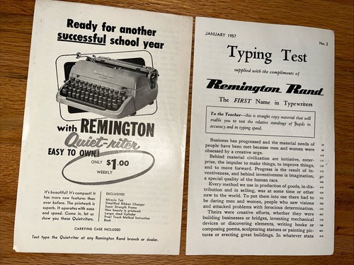 Remington Quiet-Riter Prospekt und Remington Rand Typing Test 1957
