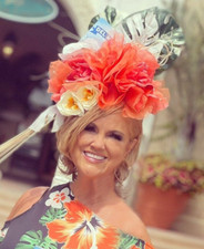 Custom Del Mar Races Fascinator Hat, Orange Tangerine Rose Green Palm Leaf OOAK
