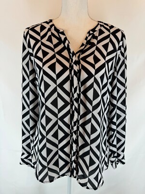 Dana Bachman Women Long Sleeve Button Down Blouse Black White Top Size 2 V-Neck