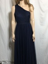 Women's NWT Aidan Mattox Navy Mesh Overlay Formal Evening One-Shoulder Gown Dres