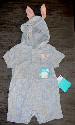 Infant Boys Girls Gray Carrot Easter Romper With A Bunny Ear Hood