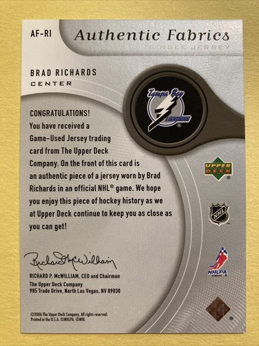 BRAD RICHARDS 2005-06 SP GAME USED AUTHENTIC FABRICS JERSEY AF-RI - LIGHTNING - Picture 2 of 2