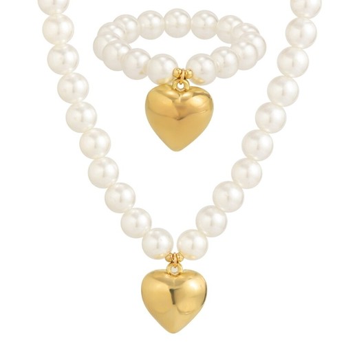Imitation Pearl Choker Necklace Love Heart Pendant Necklace and Bracelet Set - Picture 4 of 12